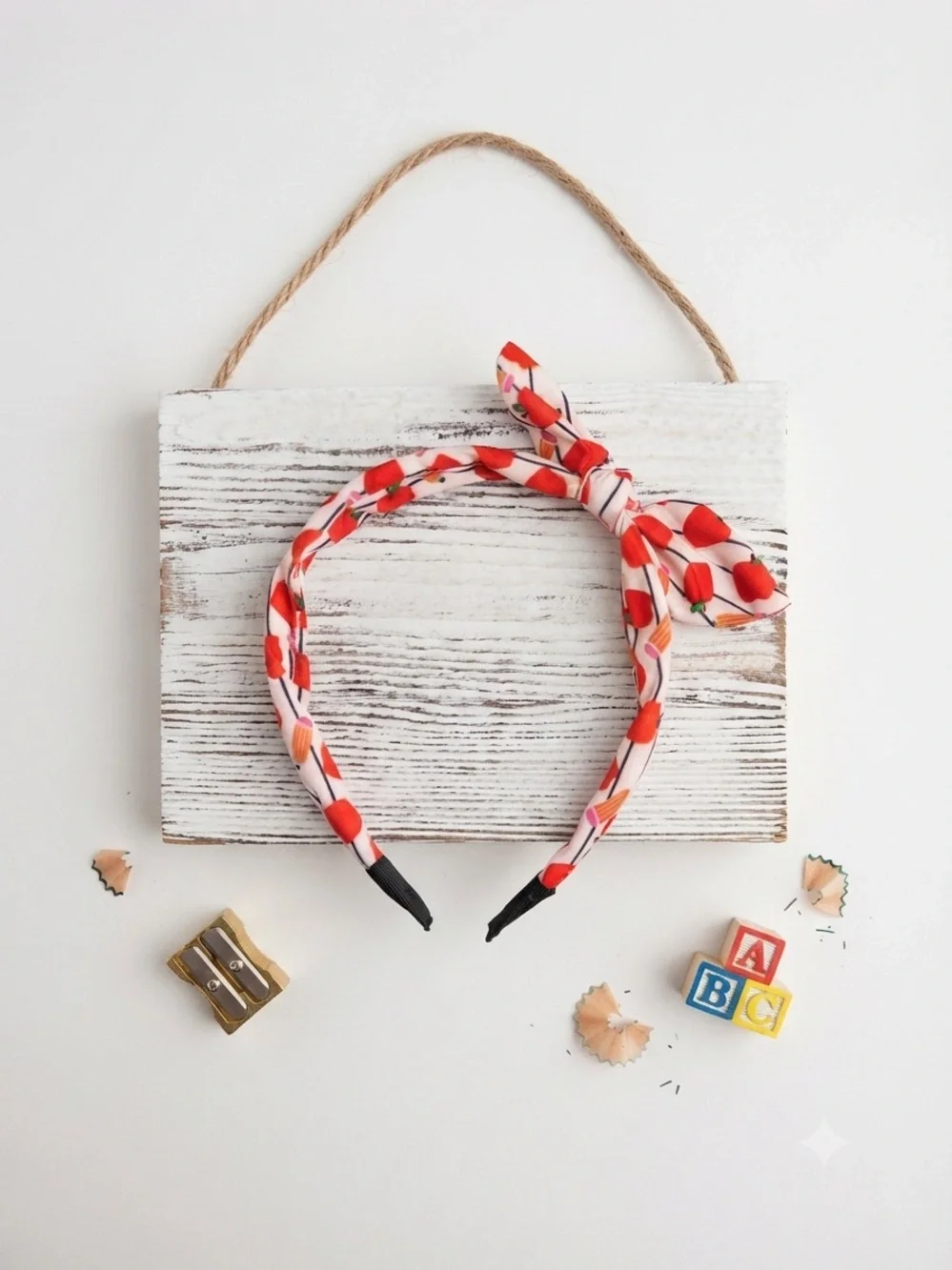 Back to School Bow Headband for Girls, Apple and Pencil Print Knot Hair Accessor